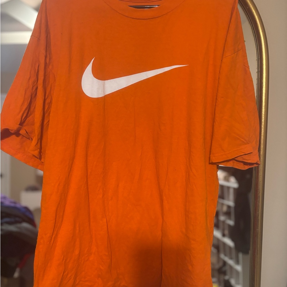Nike Men's Bright Orange Tee with White Swoosh - Size XL
